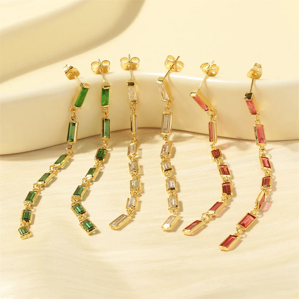 

2023 New Fashion Colorful Zircon Tassel Stud Earrings Women's Square Gemstone Statement Drop Earrings Wedding Jewelry Wholesale
