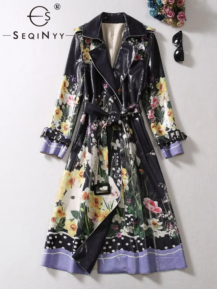 

Женский Длинный тренчкот с поясом SEQINYY, черный элегантный тренчкот с винтажным цветочным принтом Сицилия, весна-осень