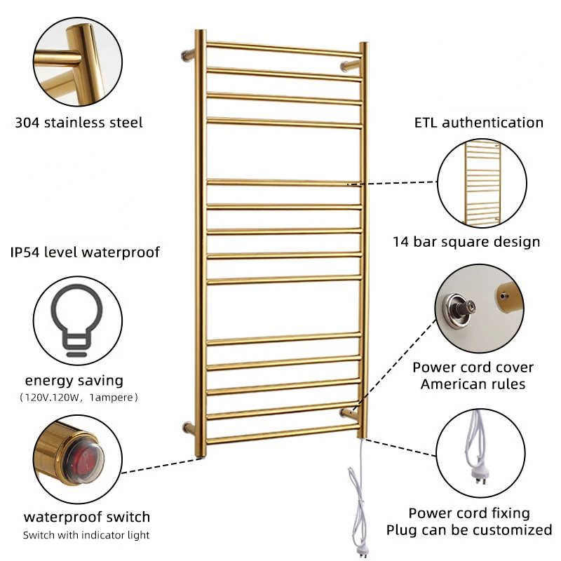 Золотистое роскошное полотенце для ванной комнаты из нержавеющей стали с