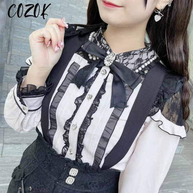 Японская рубашка блузка кружево розовая милая с милым бантом полый топ длинными