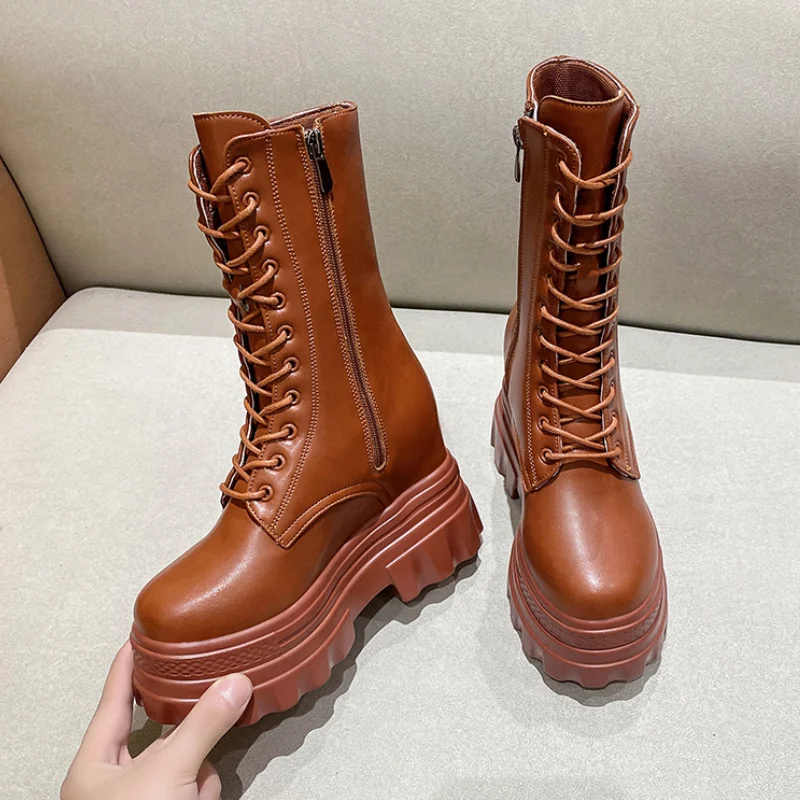 

Rimocy Brown Height Increasing Women's Boots Autumn Winter Chunky Platform Ankle Boots Women 2022 Pu Leather Hidden Heels Shoes