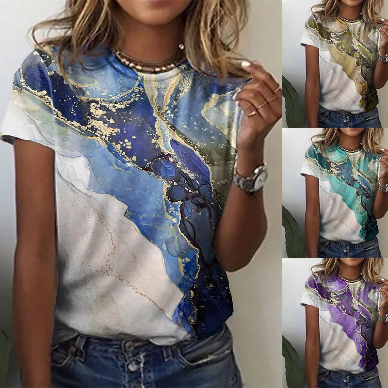 

2022 Summer Women's T Shirt Abstract Geometric Striped Graphic Abstract Print Round Neck Tops Plus Size Loose Casual Shirt