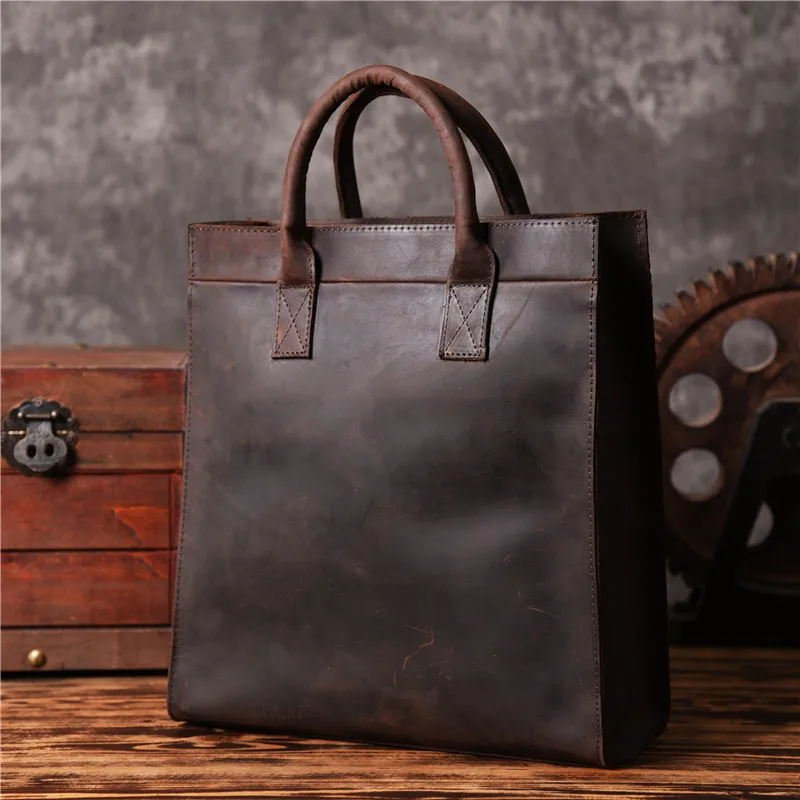 Fashion vintage genuine leather men's women's briefcase simple business crazy horse cowhide A4 file handbag laptop shoulder bag