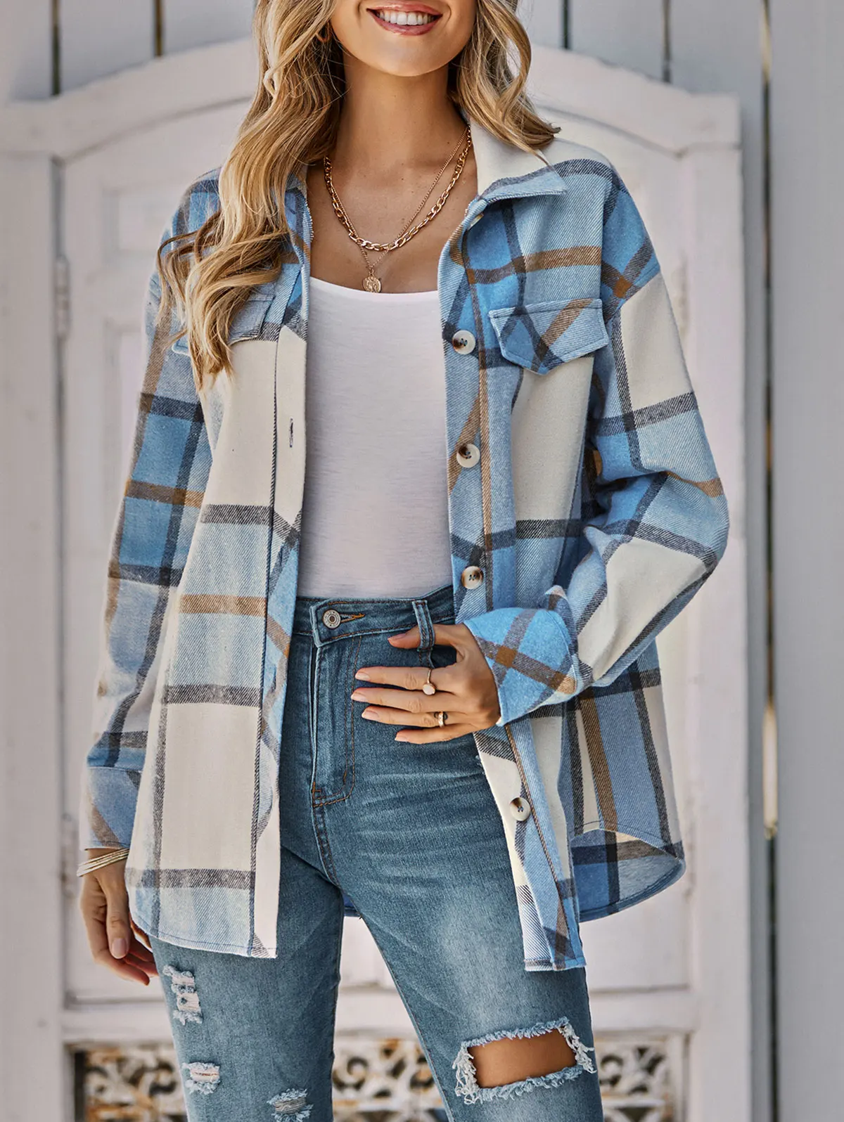 

ZAFUL Flap Detail Plaid Belted Jacket Women Wide-waisted Single Breasted Long Shacket Casual Outwear