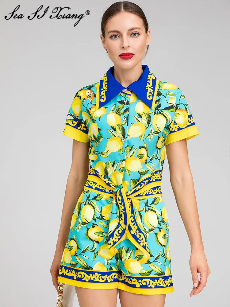 Seasixiang Fashion Designer Summer Suit Women Short Sleeve Single Breasted Shirt + Shorts  Lemon Print Vacation Two Pieces Set