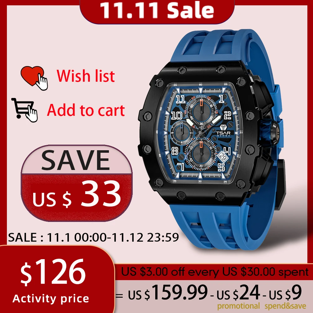 Цена TSAR BOMBA 2022 Часы для Мужчин Роскошные 50ATM Водонепроницаемый Сапфировое Стекло Квадратный Дизайн Хронограф Модные Часы Relogio Masculino