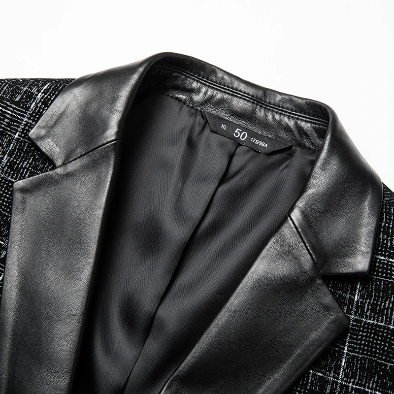 Джентльменские кожаные пиджаки в клетку для мужчин костюмы из овчины облегающие