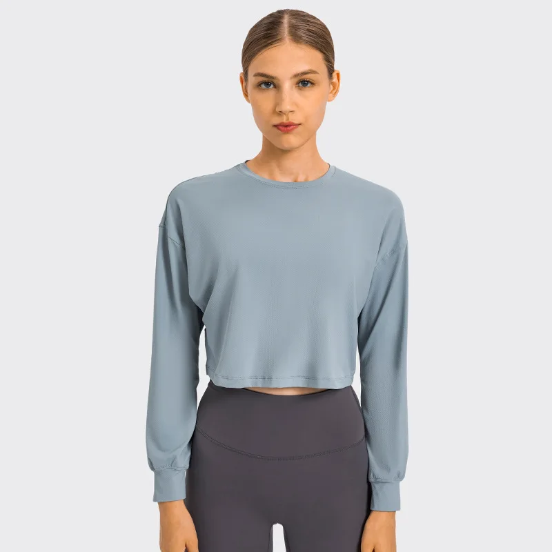 Top Women Yoga Shirts Crop Tops Gym Sexy Sports Shirts Round Neck Jacquard Loose Long Sleeves Soft and Breathable Outdoor Casual