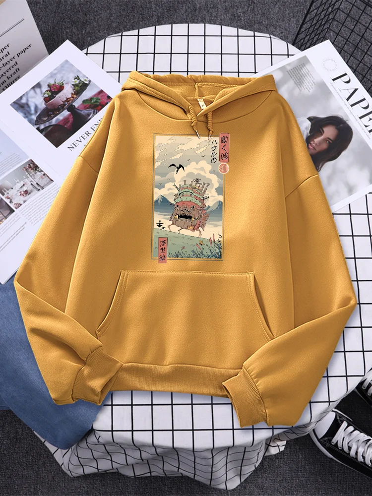 

Ukiyo-E Style Moving City Mount Fuji Print Women's Hooded Anime Comfortable Tops Shoulder Drop Pullover Warm Casual Woman Hoodie