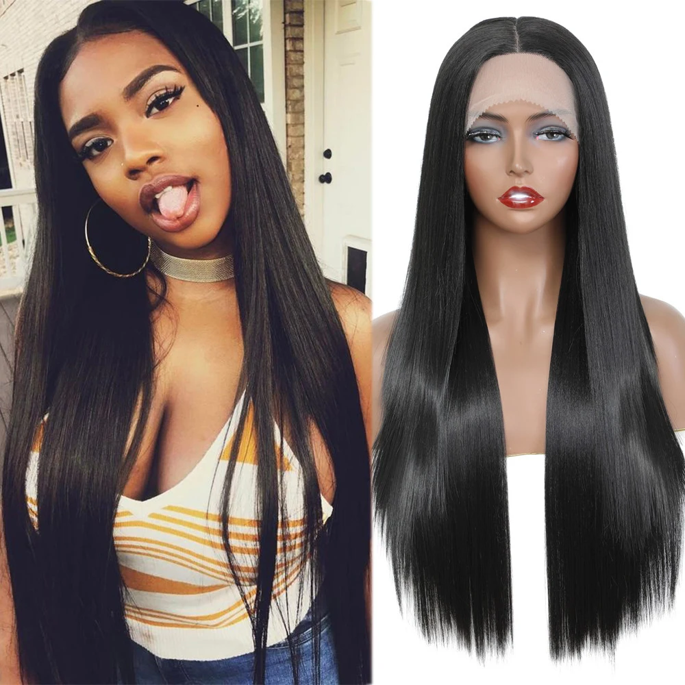 

Yaki Straight Long Synthetic Lace Front Wigs For Women Black Color Natural Daily Wig With Baby Hair Heat Resistant Fiber X-TRESS