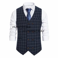 mens plaid vest slim fit v neck double breasted sleeveless jacket business party office black gray blue male coat %ea%b7%b8%eb%a6%b0%ec%a1%b0%eb%81%bc