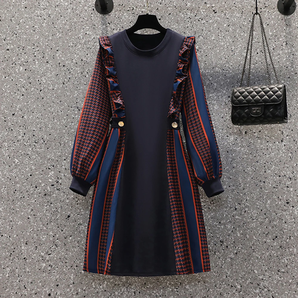 

2023 Fashion Knitting Women Dress Vestido Long Sleeve O Neck Patchwork Ruffle Chiffon Dress Elegant Vintage Sweater Dresses Robe
