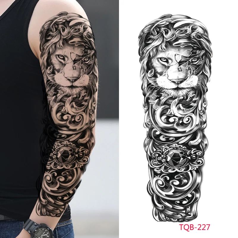 

Большой рукав для руки, драгоценный камень, временная татуировка, водонепроницаемый, мужской и женский тело, окрашенный полноразмерный Лев, наклейка с имитацией татуировки