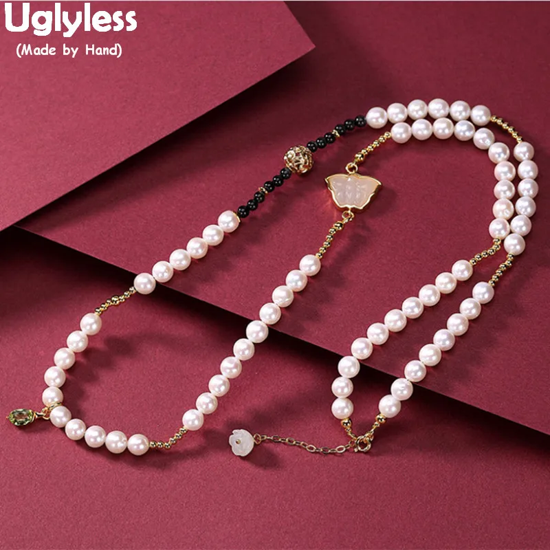 

Uglyless Luxury Beading Gemstones Natural Pearls Necklaces for Women Jade Lotus Butterfly Necklace 925 Silver Fashion Jewelry