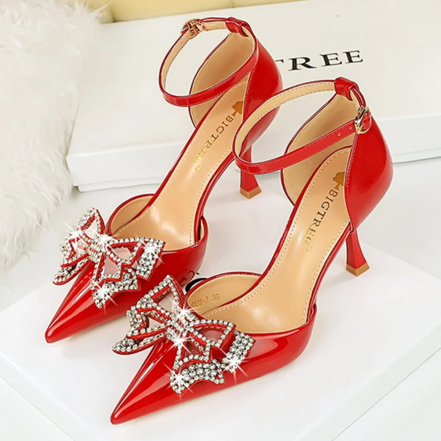 

BIGTREE Women's Autumn Sexy Sandals Bowknot Pumps with Shallow Mouth Pointed Head Hollow Rhinestones Buckle Prom High Heel