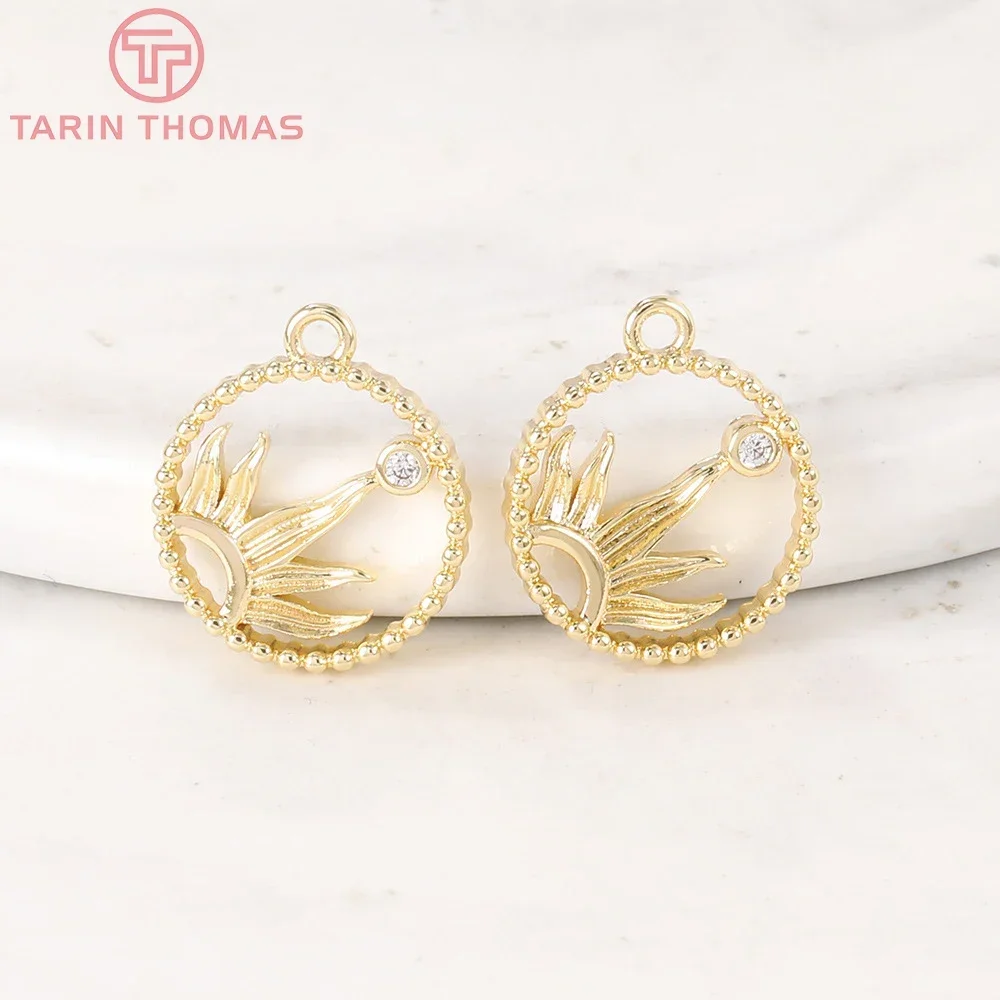 (4440) 4 шт. 14x14 мм 24-каратное золото латунь с цирконом солнце круглые подвески