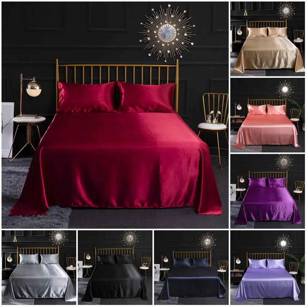 

Silk Satin Flat Sheet Mattress Protector Cover Smooth Bedspread Wedding Beddings Sheet Pillowcase for Women Men Red Black Purple