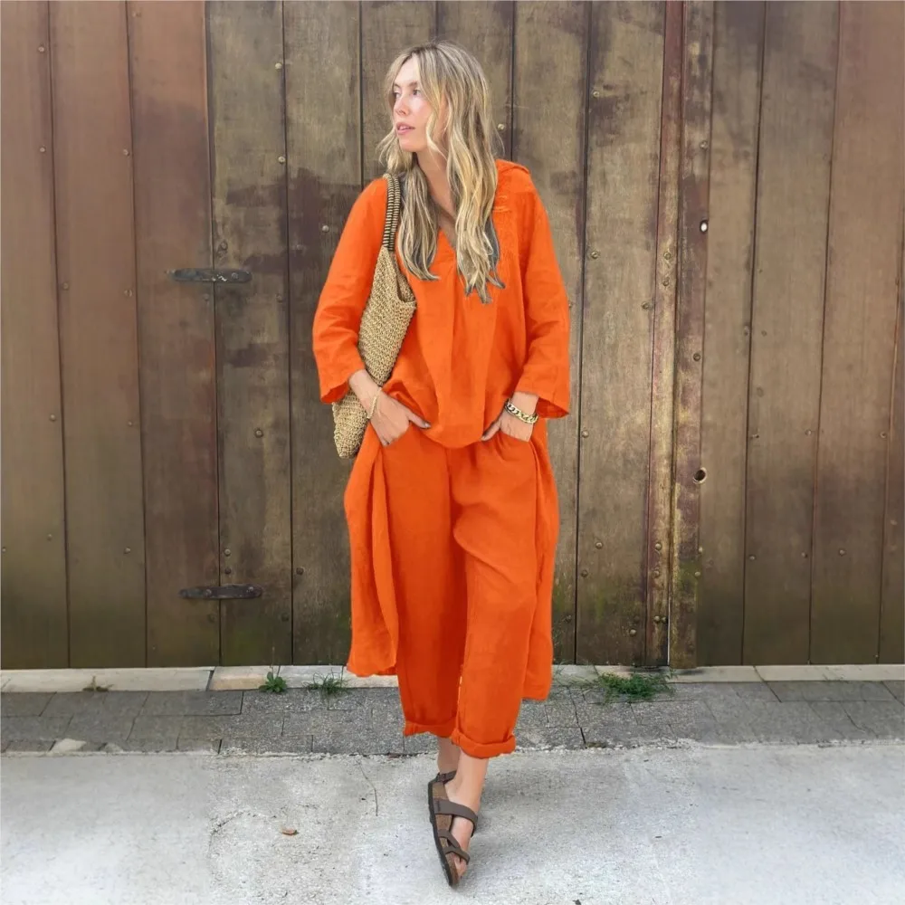 Новые летние модные хлопковые льняные брюки женский комплект из 2 предметов