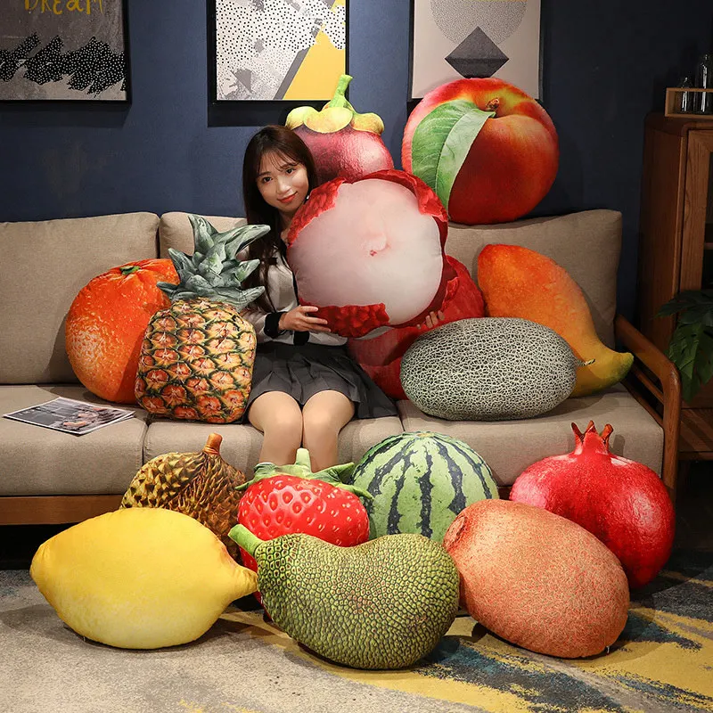 

35-55cm Kawaii Lifelike Fruit Plush Toy Stuffed Fruit Pillow Mango Strawberry Pineapple Durian Hami Cantaloupe Toy Throw Pillow