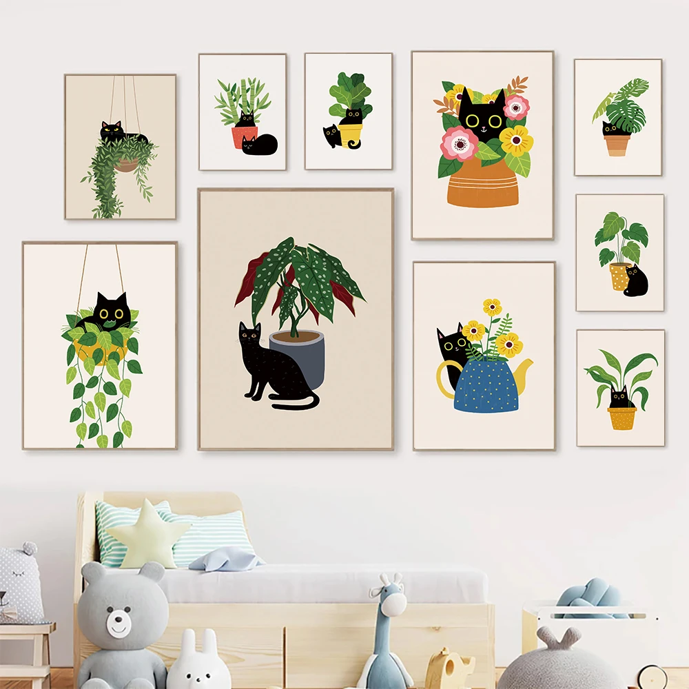

Настенная картина с изображением черной кошки на холсте, постеры и принты в скандинавском стиле, растения монстеры, настенные картины для в...