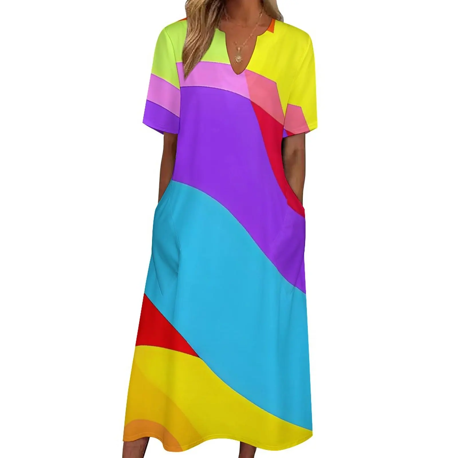 

Платье-макси с коротким рукавом и принтом радуги