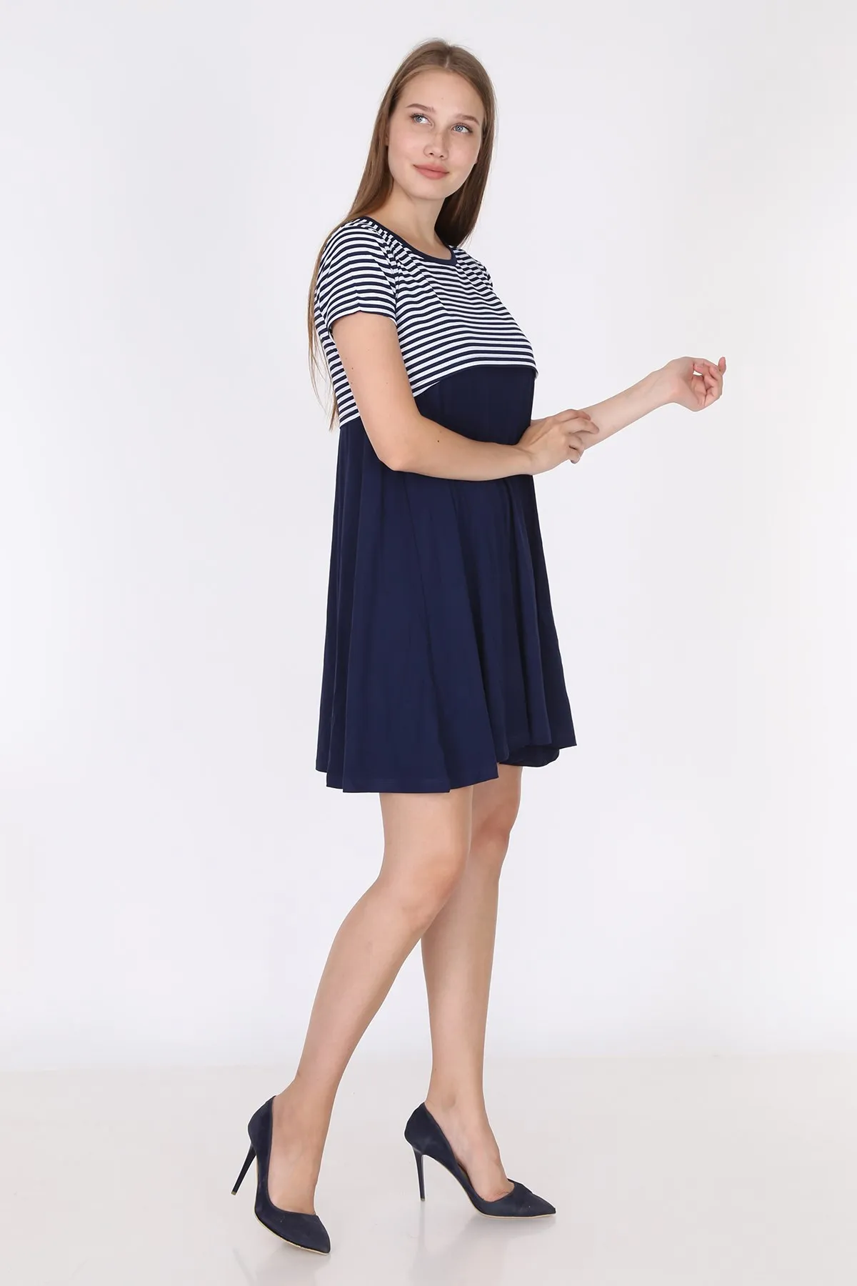 Luvmabelly 5851-верхнее темно-синее Полосатое черное платье для грудного вскармливания