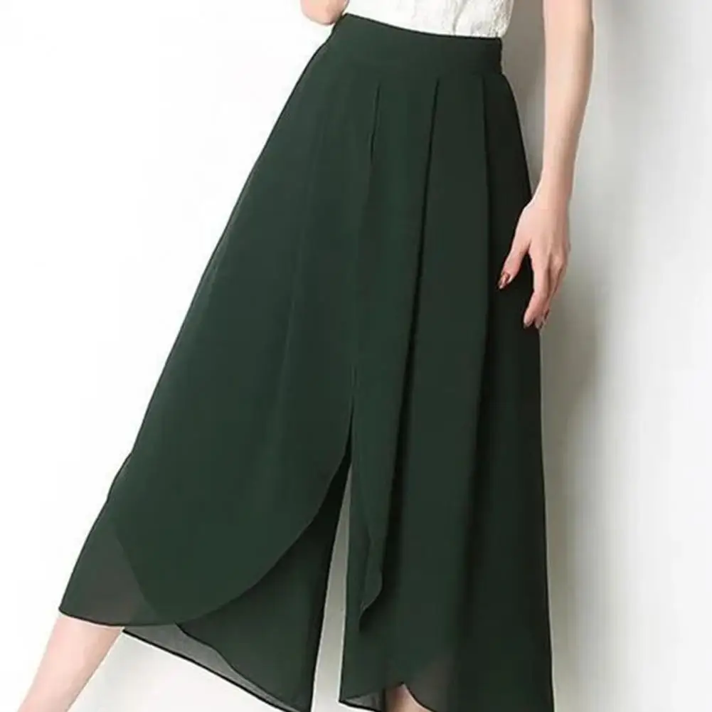 

High Waist Pants Chic Women's Chiffon Skirt Pants Double Layered Wide-leg Mid-calf Cropped Pants with High Elastic Waist Stylish