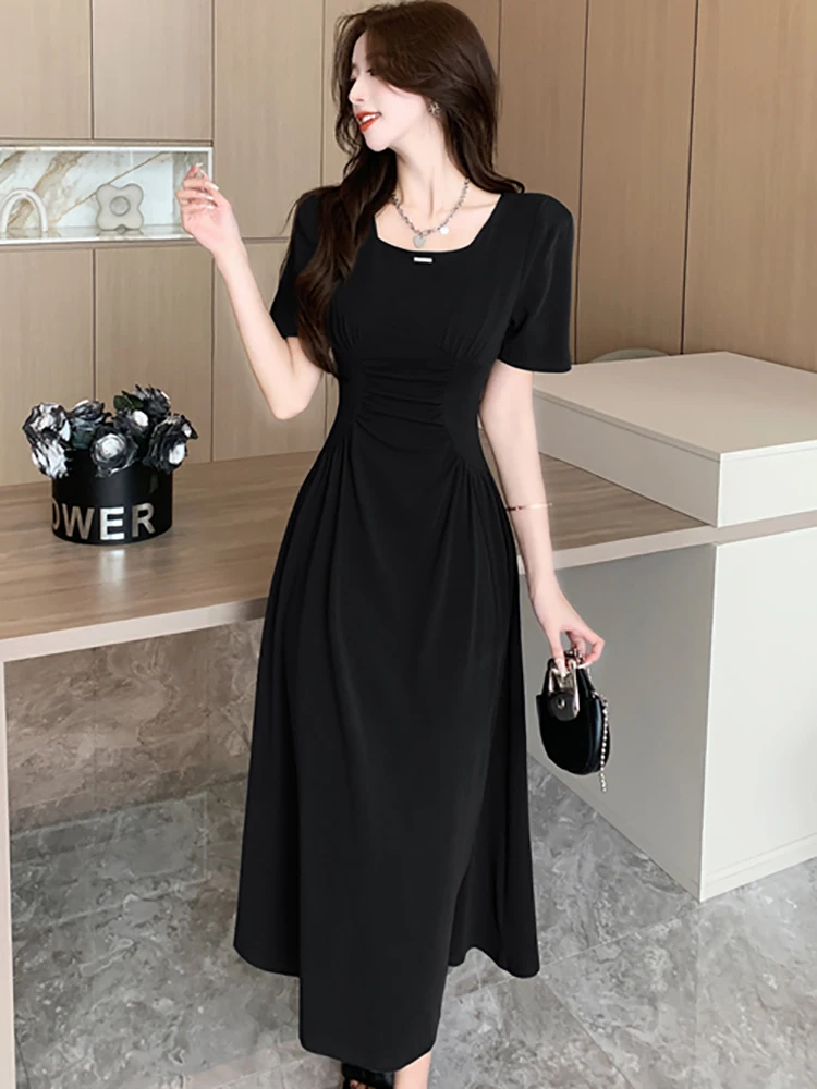 

Women Solid Short Sleeve Square Collar Long Dress Summer Elegant Chic Pleated Dress 2023 Black Korean Vintage Hepburn Prom Dress