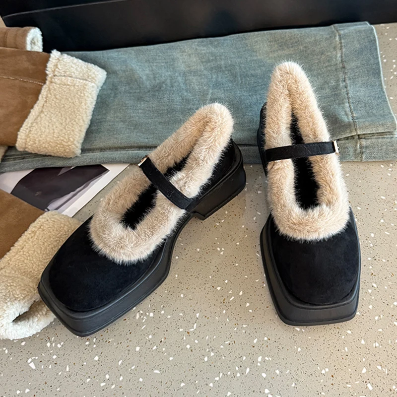 Женские туфли Мэри Джейн на меху женские ботинки высоком каблуке с квадратным