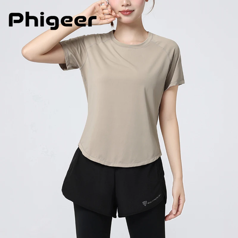 Фото PHIGEER Быстросохнущие топы для бега, женские рубашки для йоги, обтягивающие топы с эффектом пуш-ап, одежда для тренировок в тренажерном зале, спортивные футболки с короткими рукавами для фитнеса №1