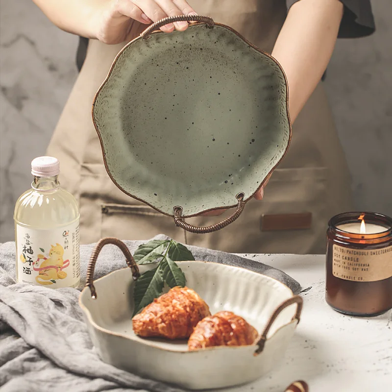 Buy Vintage Handmade Pottery Plates With Hemp Rope Handle Japan Dessert Bread Snack Dish Fruit Tray Salad Bowl Kitchen Tableware Art on