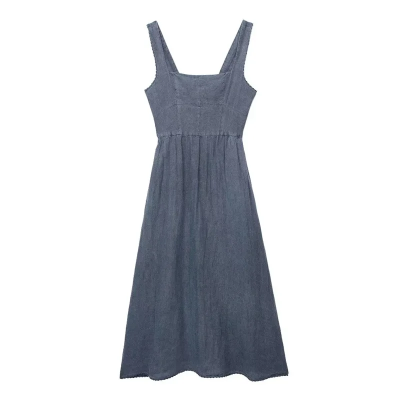

Women 2023 Summer Fashion Linen Medium Length Dress Vintage Side Pockets Sexy Backless Female Dresses Daily Comfortable Wear