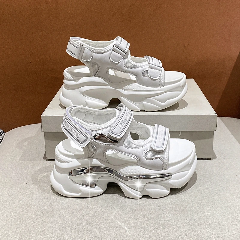 Women Chunky Sandals Sequin Summer Designer Open Toe Hook Loop Slippers 7CM High Heels Mesh Sandals Casual Woman Wedges Sneakers