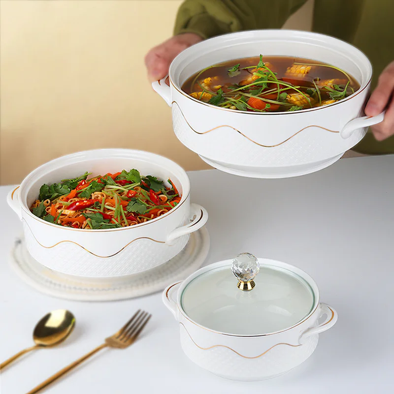

Ceramic Soup Bowl Phnom With Glass Cover Handle Salad Fruit Large Noodle Rice Food Pot Home Dessert Breakfast Oatmeal Tableware