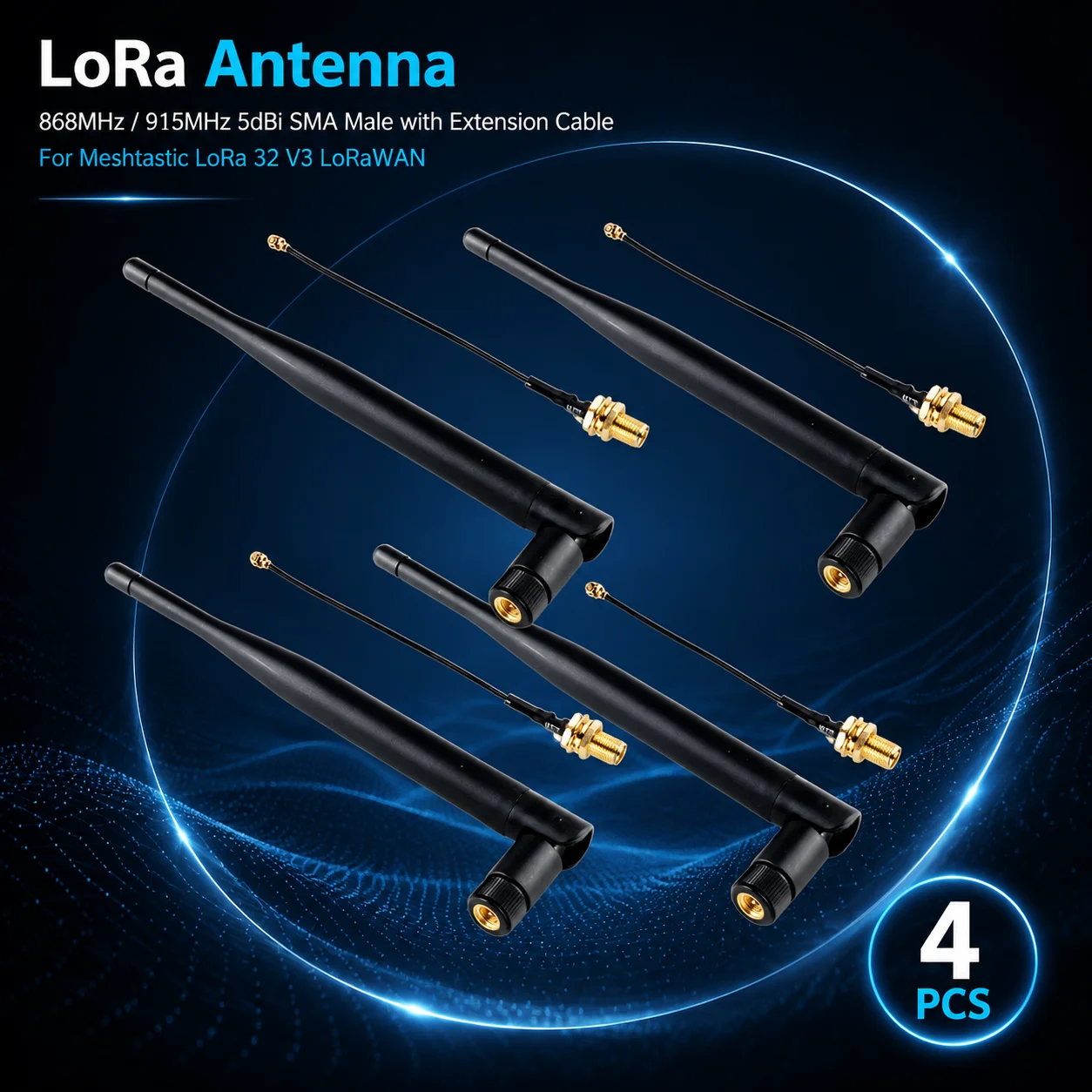 Фото Антенна LoRa 868 МГц 915 МГц с коэффициентом усиления 5 дБи, всенаправленная, с удлинительным кабелем для Meshtastic LoRa 32 V3 LoRaWAN, комплект из 4 штук №2
