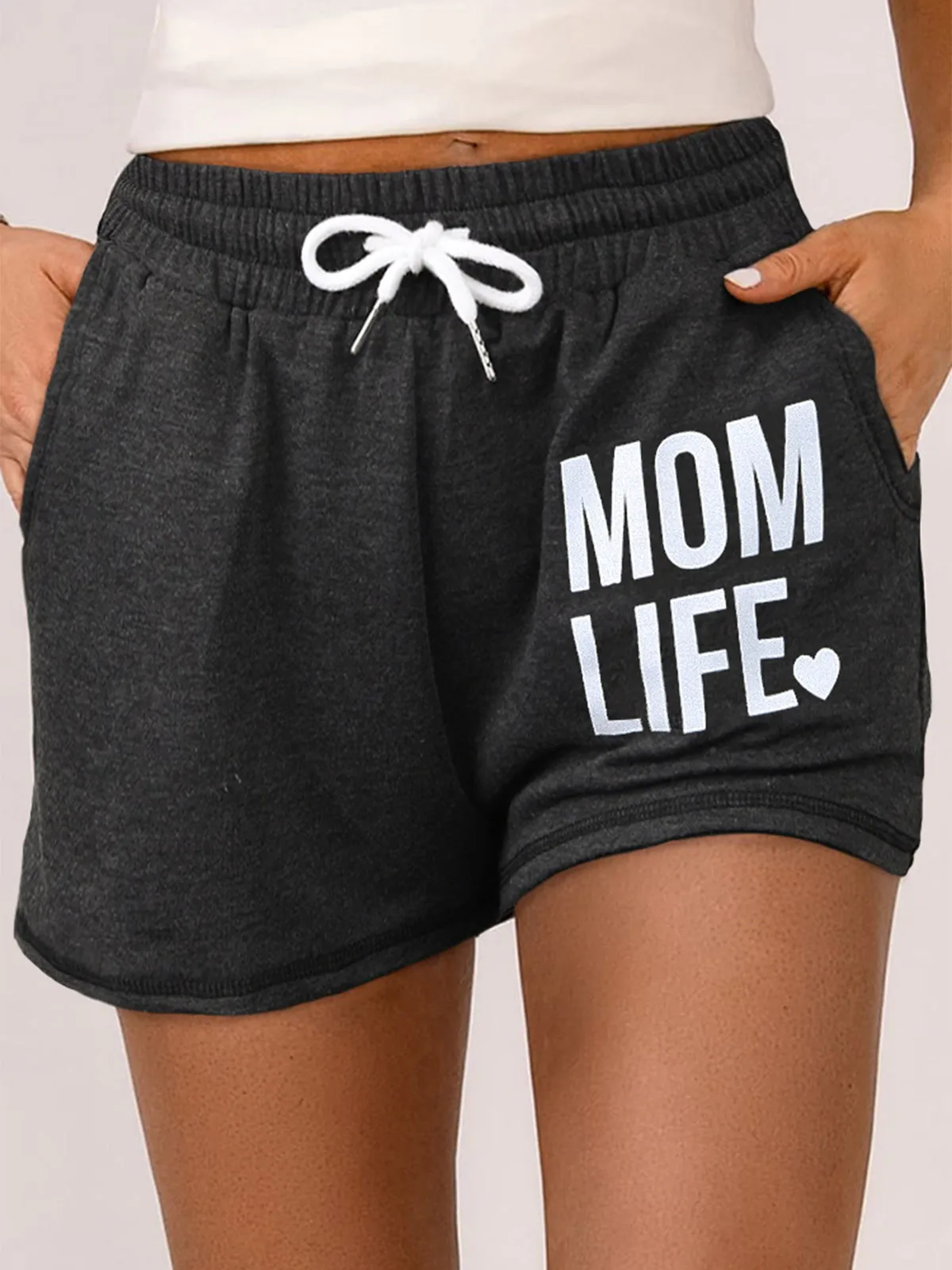 Women Casual Pocket Drawstring Shorts Dark Grey Elastic Waist Wide Leg Shorts Female Tracksuit Workout Bottoms Shorts Female