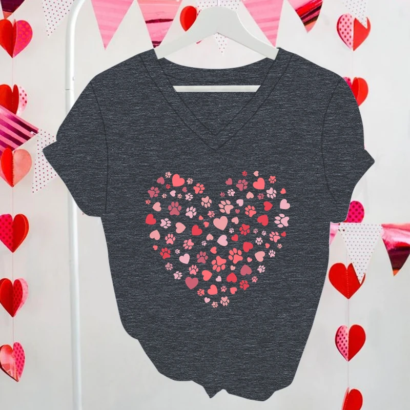 Valentines Day Paw Heart Fashion T-shirts Animal Lover Gift Cute Print Cat and Dog V-neck Short Sleeve T-shirt