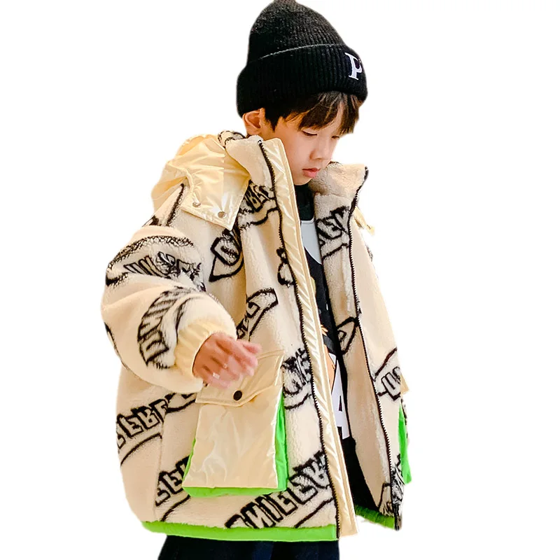 

Детская зимняя одежда, новое модное пальто с буквенным принтом для мальчиков, свитер из овечьей шерсти, утепленные Теплые Топы с капюшоном, комбинезон на Возраст 4-14 лет