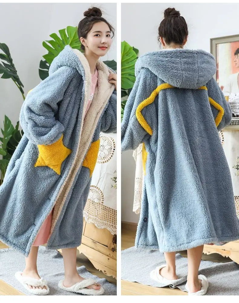 Women Fleece Hooded Bathrobe Women's Princess Robe Ankle Lightweight Cotton Soft Fluffy Warm Sherpa Shaggy  Kimono Bride