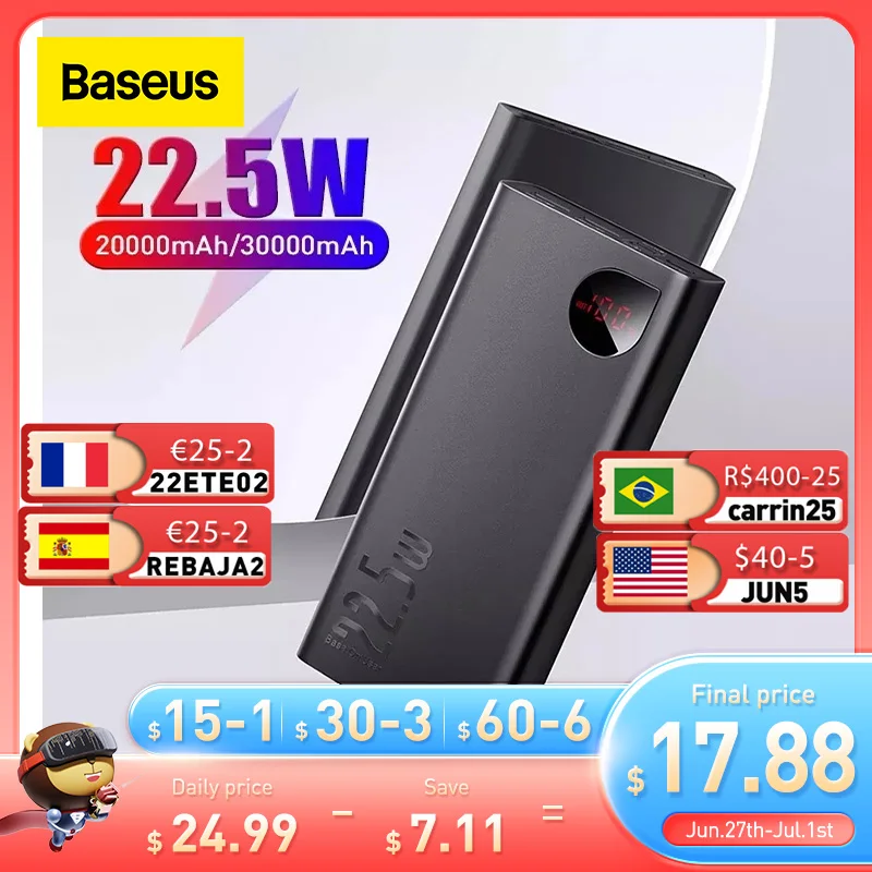 

Baseus Power Bank 22.5W 10000mah/20000mAh Portable Battery Charger Poverbank Type C USB Fast Charger For iPhone 12 Huawei Xiaomi
