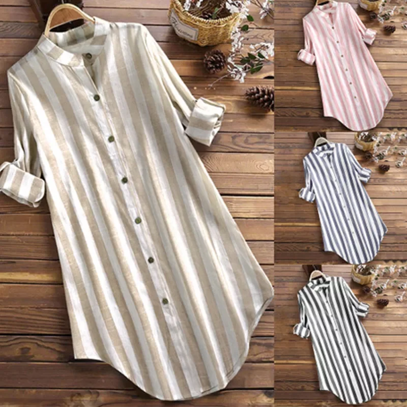 

New in 2022 Cotton Linen Office Work Top Women's Autumn Blouses 2022 Stripe V-ncek Irregular Shirts Blusas Mujer Tunic