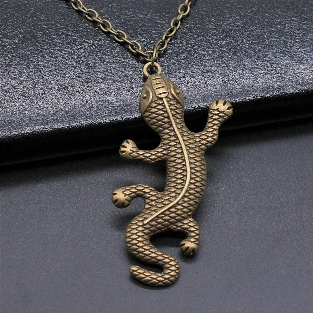 

Fashion Vintage Antique Bronze Color 59x25mm Gecko Lizard Pendant Necklace For Women Men Long Chain Trendy Jewelry Accessories