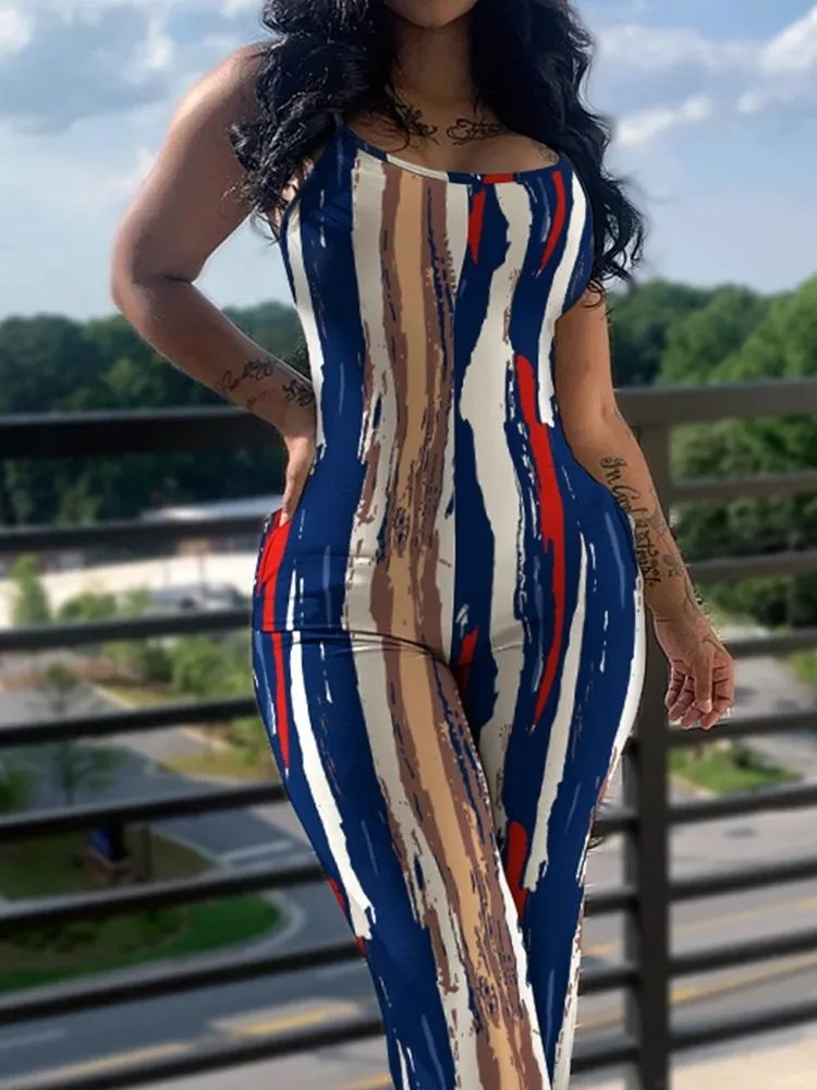 

Women's Slim Jumpsuits 2023 Summer Fashion Casual Stripe Printed V-Neck Sleeveless Long Skinny Suspender Jumpsuit