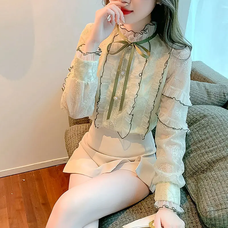 

2022 Spring Autumn Women Chiffon Shirts Stand Collar Blouses Lace Shirts Sexy Korean Style Long Sleeve Casual Blouse Ladies C138