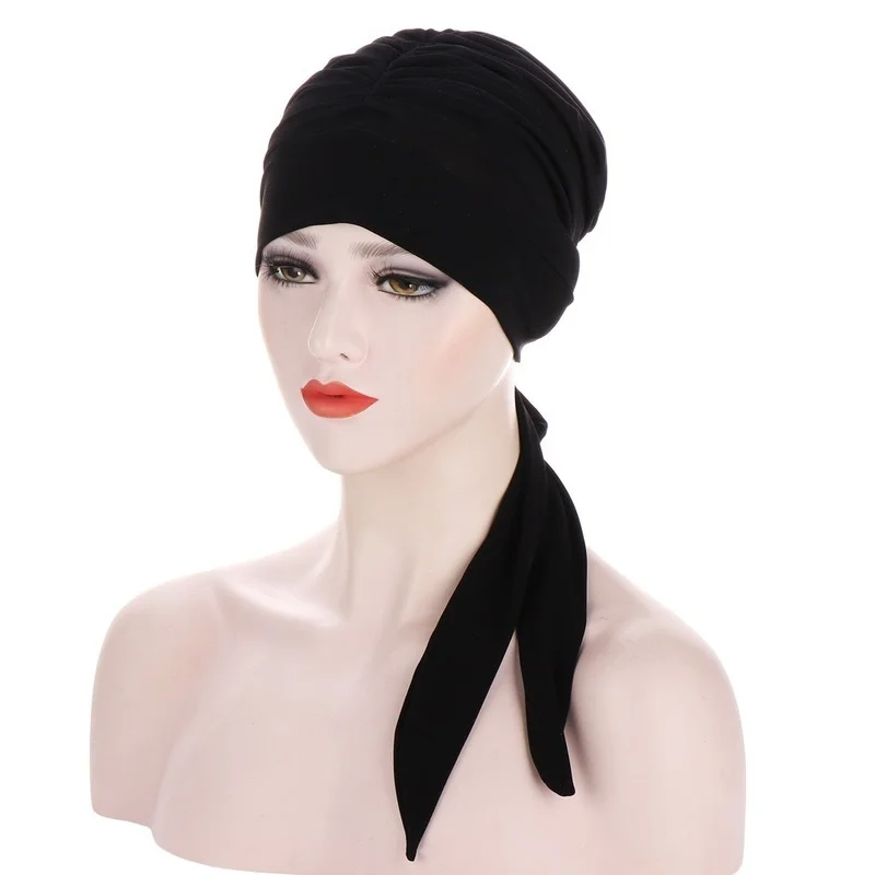 

New Muslim Hijab Solid Crystal Hemp Long Tail Bow Scarf Hat 7-color Chemotherapy Hat Islamic Scarf Turban Caps Wholesale