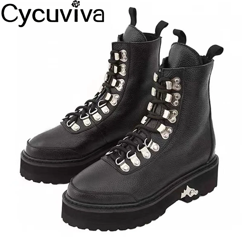 

Winter Shoes Genuine Leather Black Ankle Boots for Women Square Flat Heel Punk Knight Boot Lace Up Motorcycle Boots Female 2023