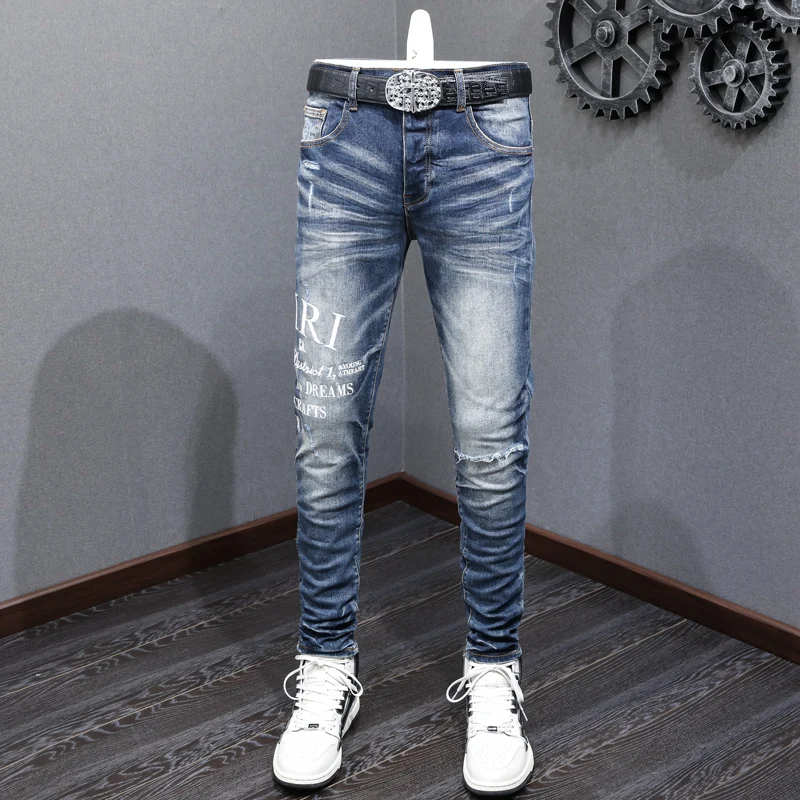 

Street Fashion Men Jeans High Quality Retro Blue Stretch Skinny Ripped Jeans Men Embroidery Designer Hip Hop Brand Pants Hombre