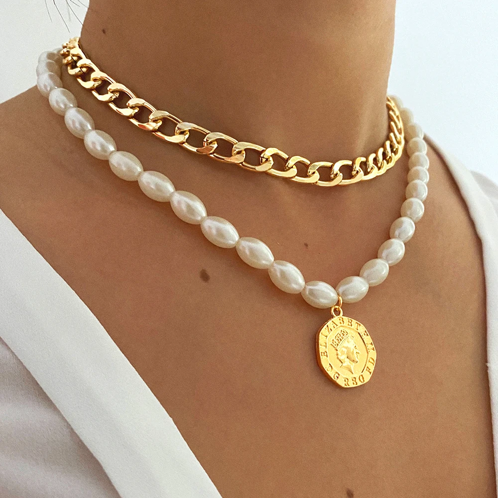 

FNIO Hot Sale Fashion Sweet Double Layers Imitation Pearls Coin Heart-shaped Pendants Necklaces Clavicle Jewelry For Women