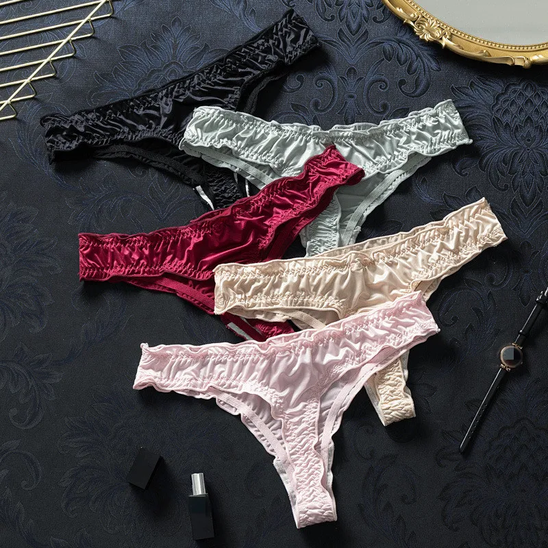 

Summer Thin Seamless Panties G String for Girl New Style Ice Silk Thong Women's Sexy Underwear Folded Fungus Edge Briefs T-back