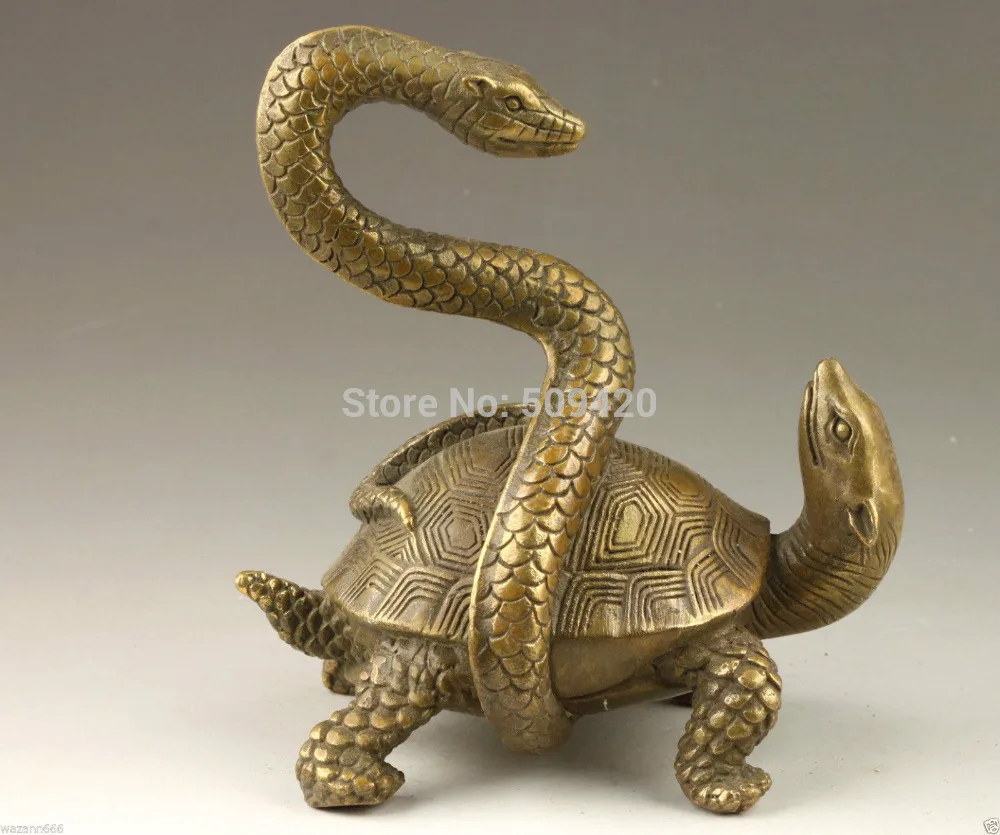 

5.5 "Vintage Handmade Koleksi Perunggu Hidup Tortoise Patung Ular Belitan Feng Shui Xuanwu 14Cm